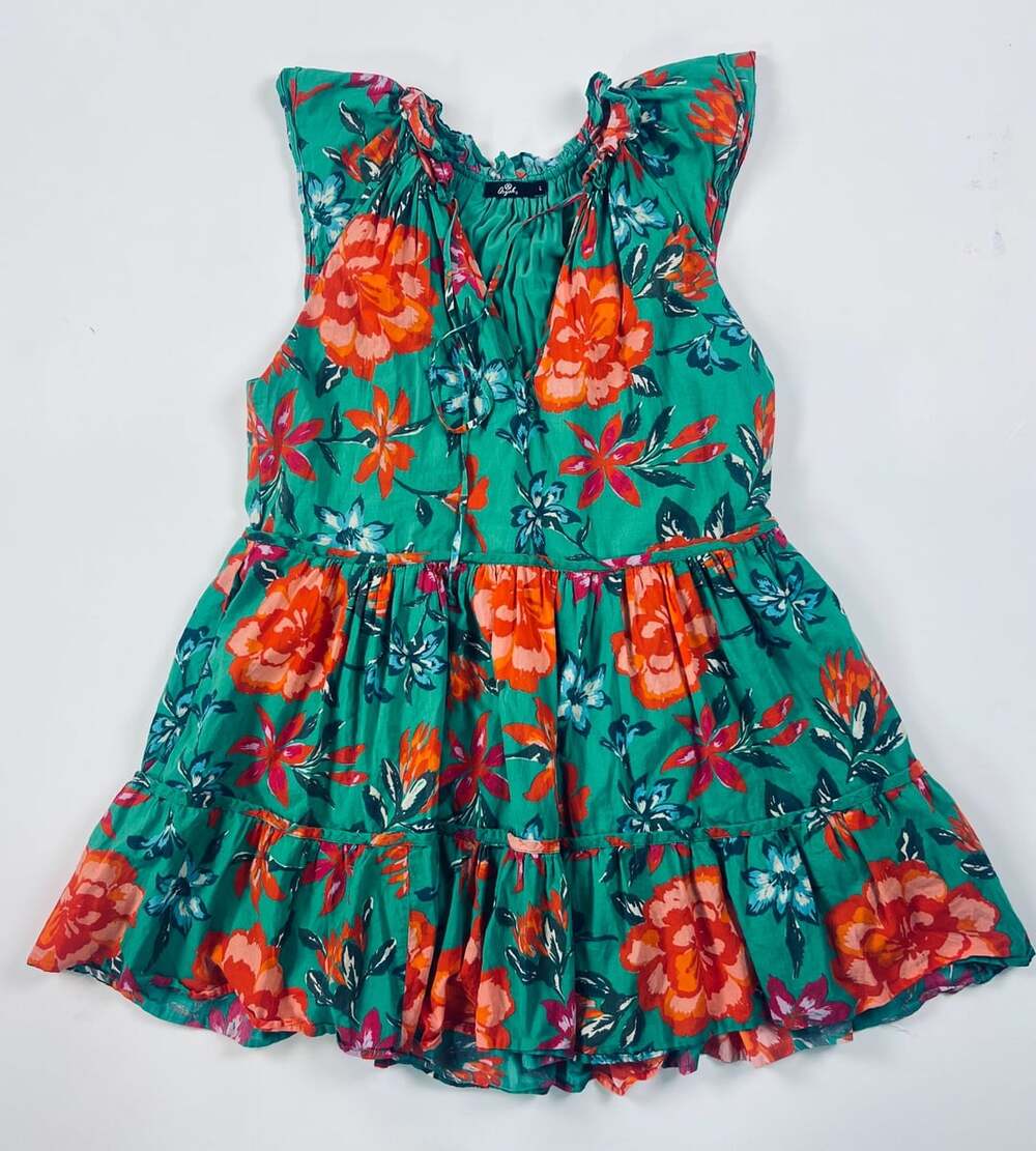 Aryeh Green Floral Tiered Ruffle-Sleeve Babydoll Dress Size L